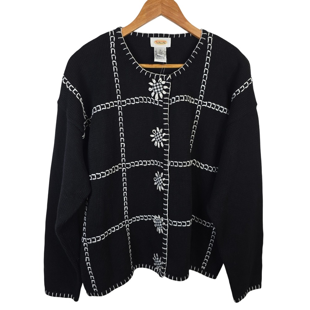 Talbots Womens XL Black Cotton Cardigan Daisy Gingham Plaid Blanket Stitch NWT